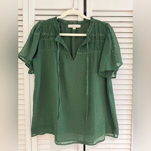 LOFT Green Flutter Sleeve Blouse with Smocked Tie Front NWOT